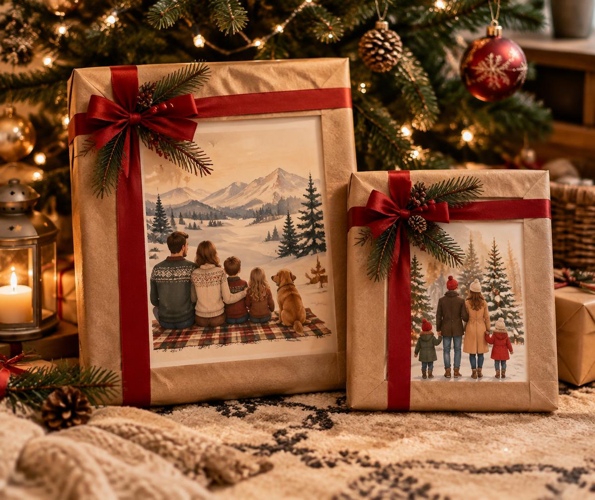 Framed prints wrapped as Christmas gifts
