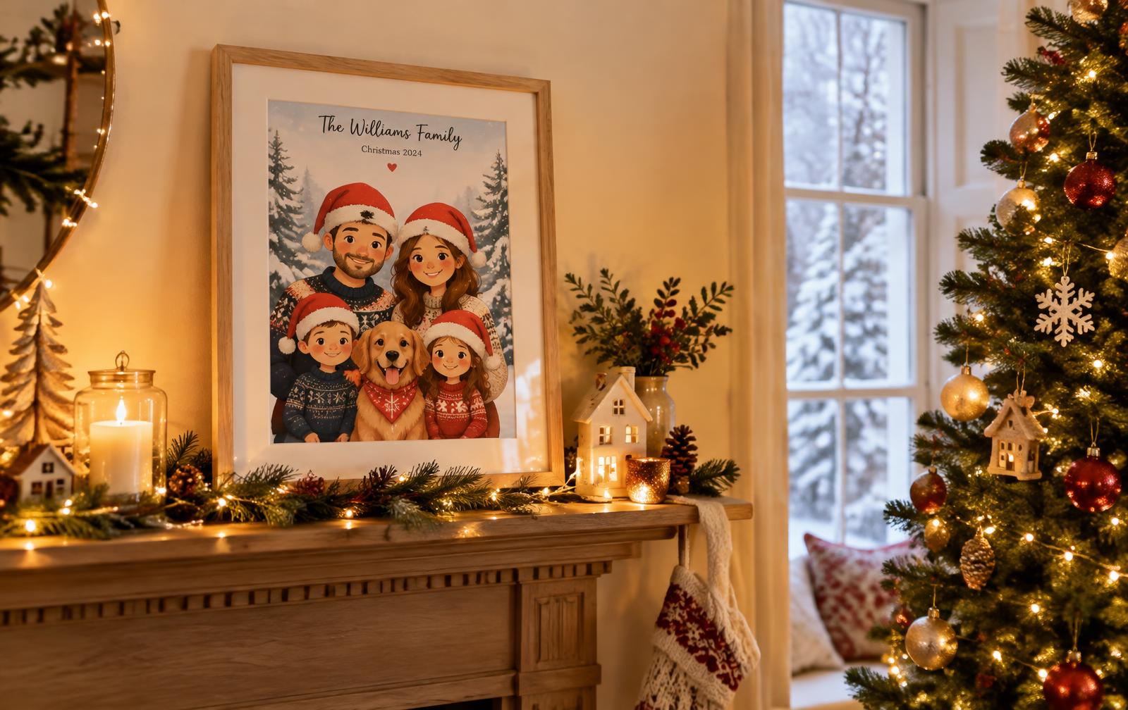 Personalised Christmas family print on a mantelpiece