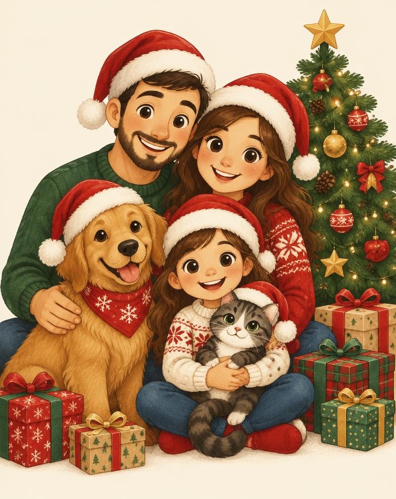 The Christmas Family & Pets Print